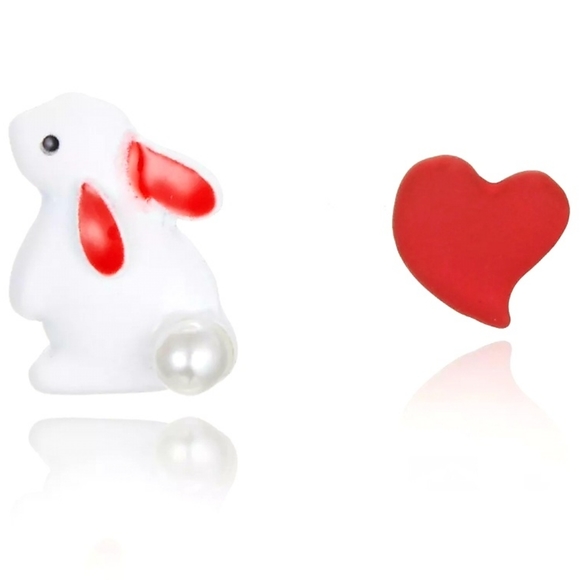 Red and white Bunny heart earrings with silver post for sensitive ears - Picture 4 of 13
